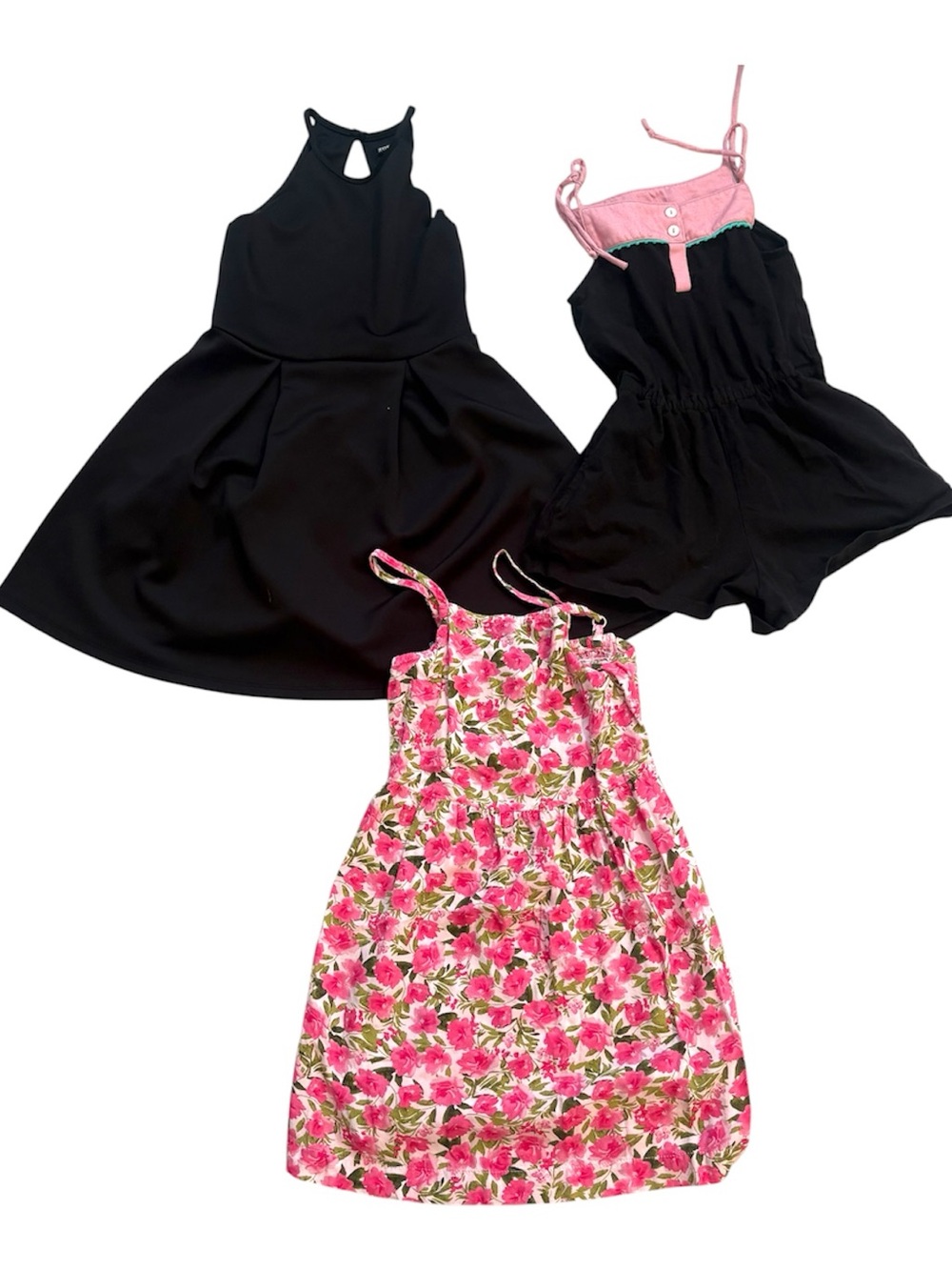 Lot Of 3 Girls Items: 2 Dresses 1 Romper Sz 6/6X/7 Pink Black Summer Vacation